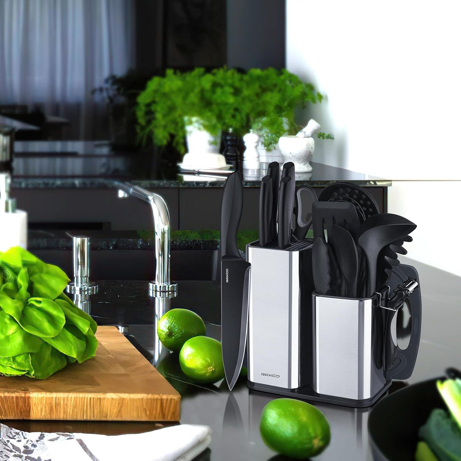 PBTEK sleek, black 18-piece cooking utensils and knife set